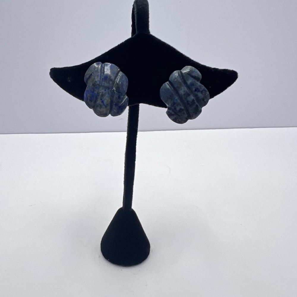 Vintage Lapis Lazuli Flower Clip On Earrings Hand Carved Midcentury Artisan Gem